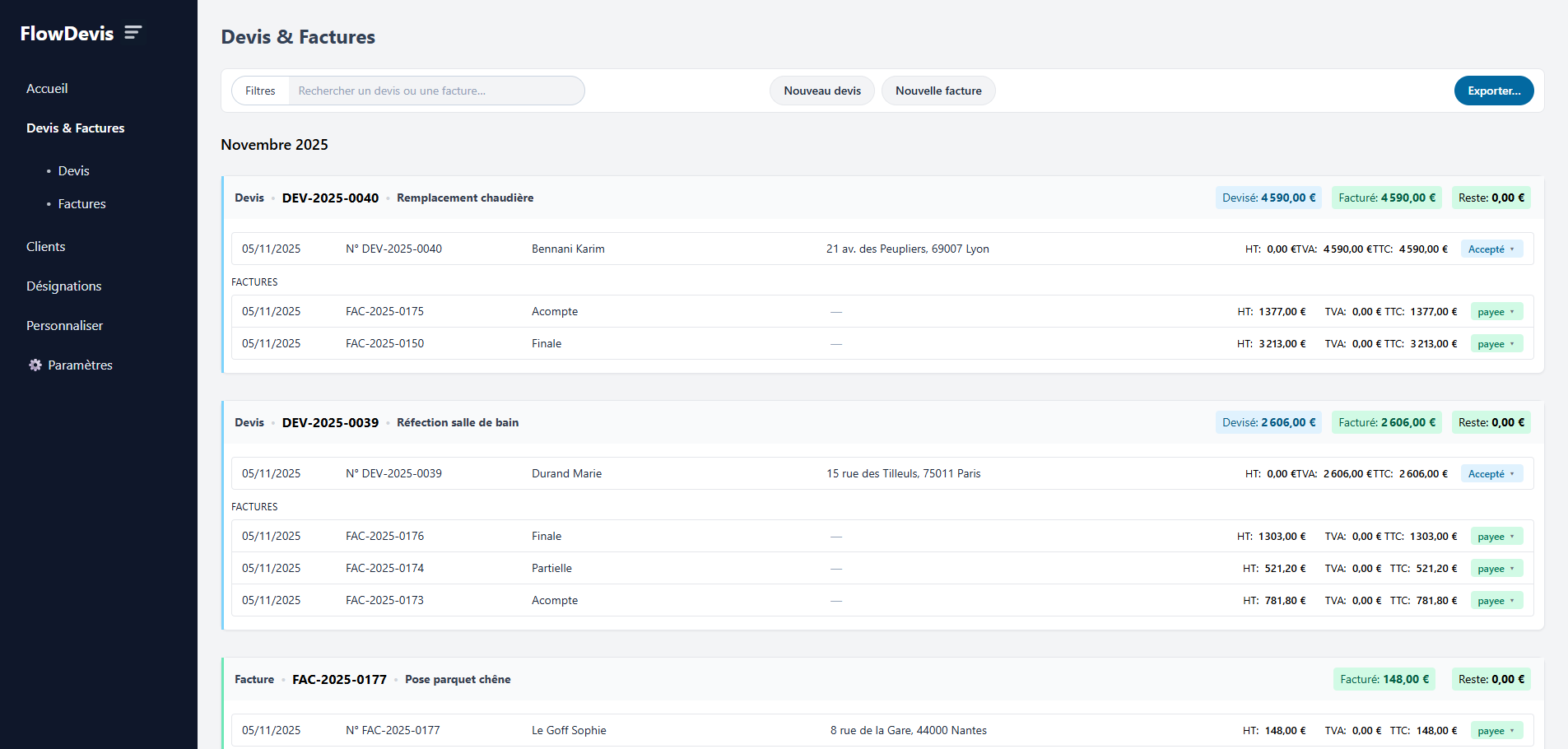 Tableau de bord FlowDevis — listes de devis et factures avec montants, statuts et actions
